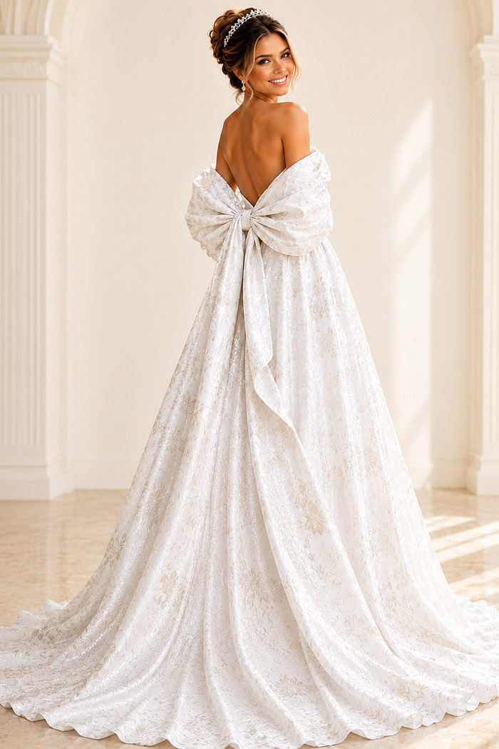 ivory floral jacquard strapless ballgown wedding dress with straight neckline and detachable puff sleeves, front view, Jovani Bridal style JB47701