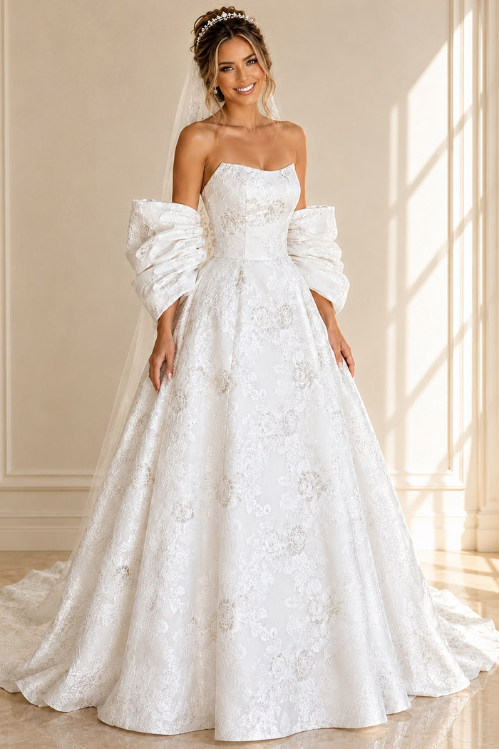 ivory floral jacquard strapless ballgown wedding dress with straight neckline and detachable puff sleeves, front view, Jovani Bridal style JB47701