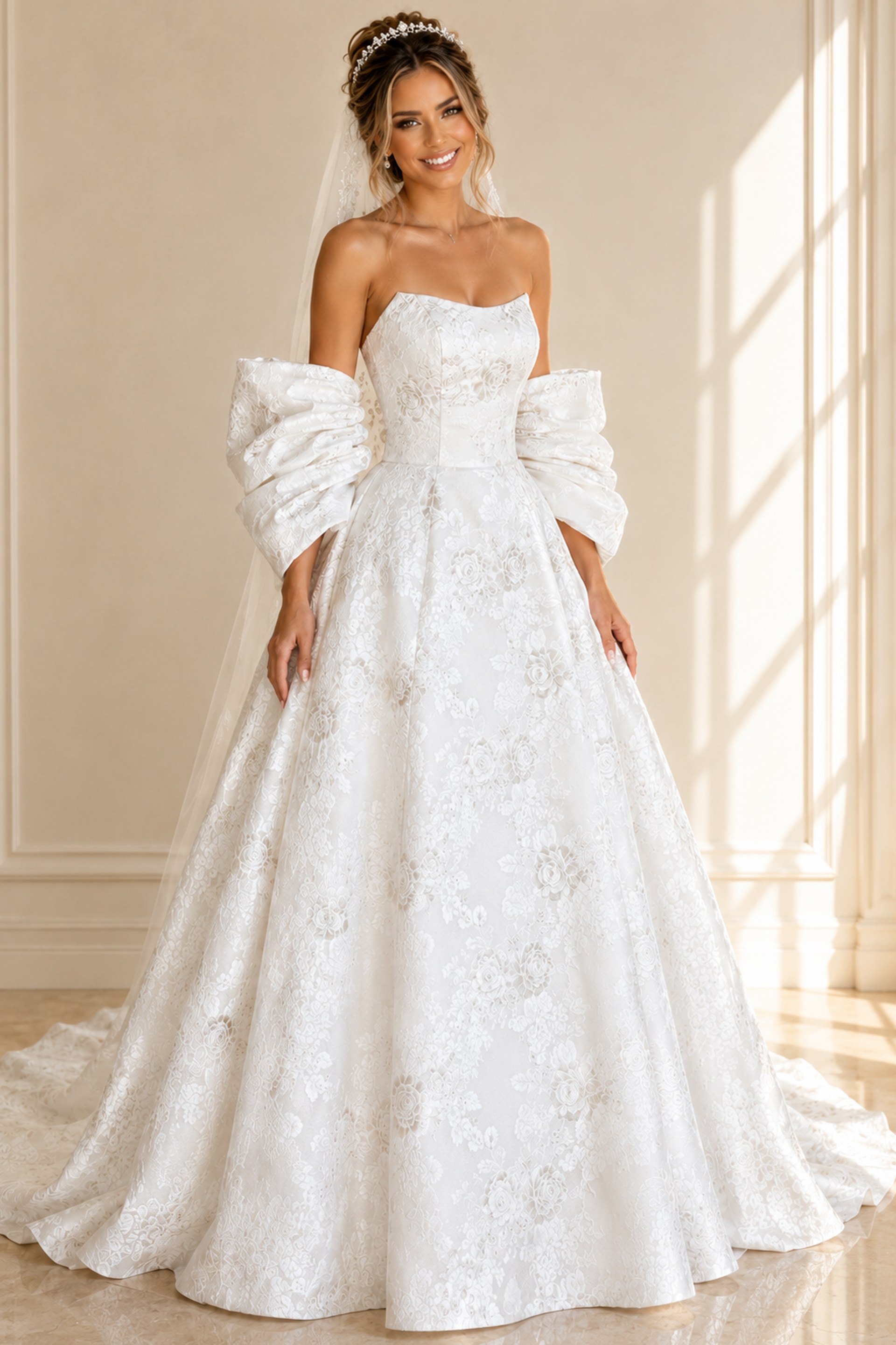 ivory floral jacquard strapless ballgown wedding dress with straight neckline and detachable puff sleeves, front view, Jovani Bridal style JB47701