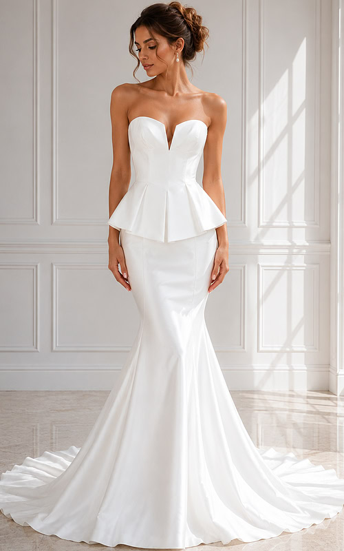 Strapless mermaid wedding dress with a structured peplum waist and flowing train.