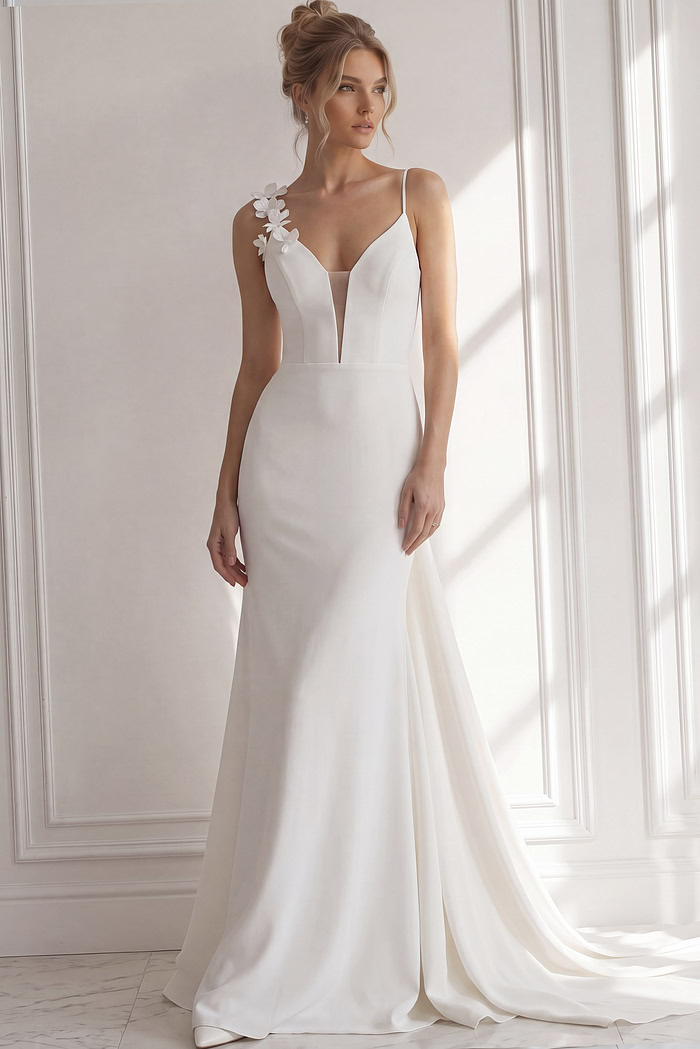 Modern fit-and-flare wedding gown crafted from smooth ivory crepe, featuring delicate spaghetti straps