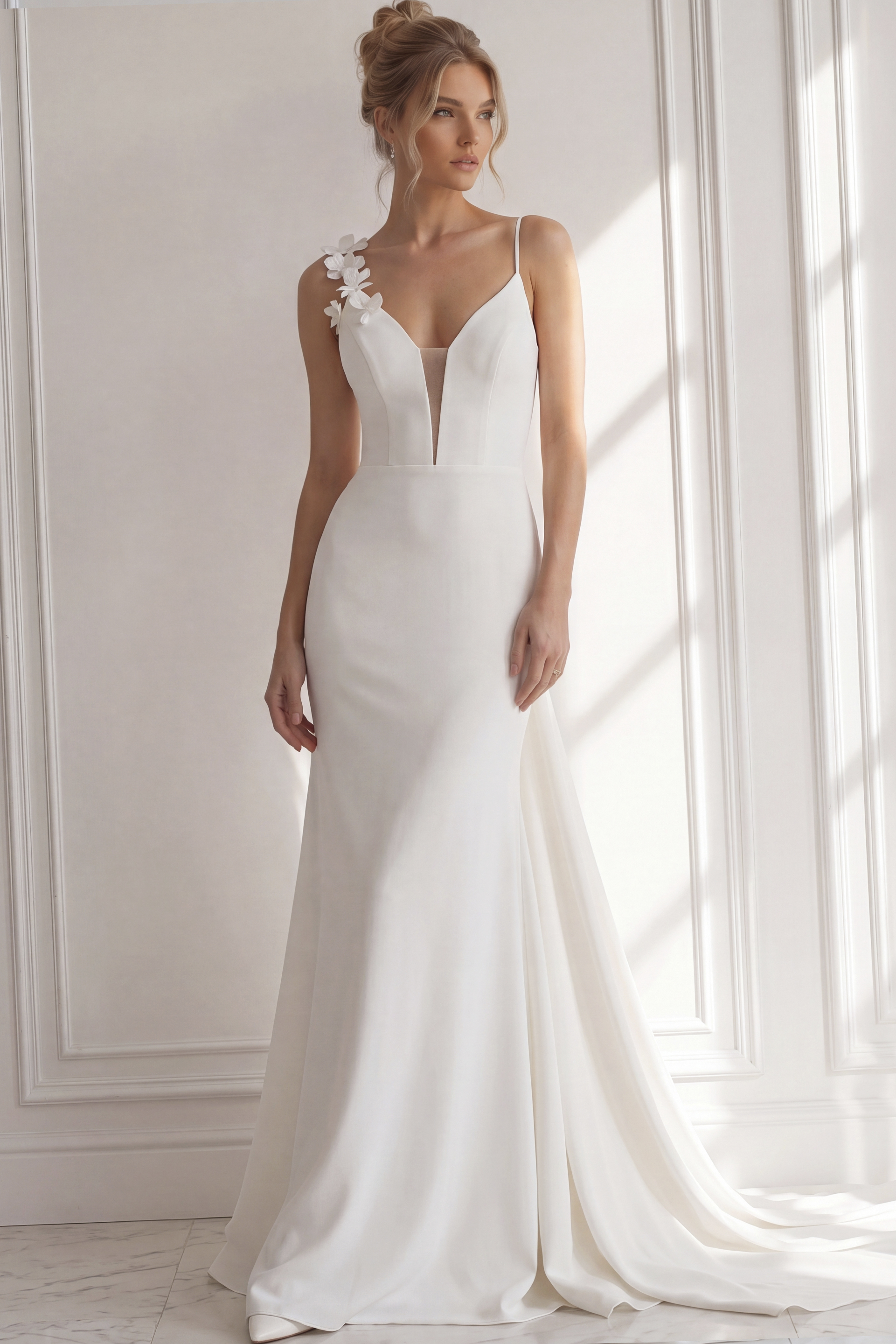 Modern fit-and-flare wedding gown crafted from smooth ivory crepe, featuring delicate spaghetti straps