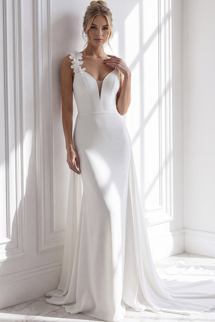 Spaghetti Strap Fitted Gown with Floral Shoulder Detail JB49631