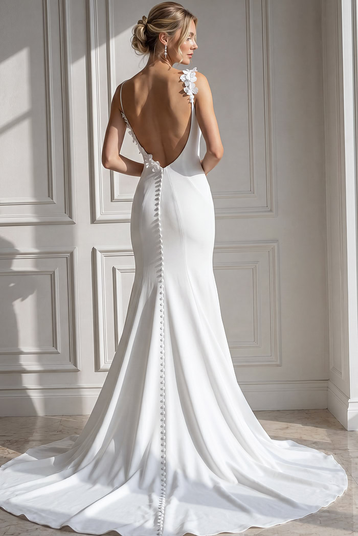 Contemporary wedding gown featuring a plunging V-neck bodice, soft floral appliqué at the shoulder, and a sleek crepe skirt that gently flares below the hips into a graceful,