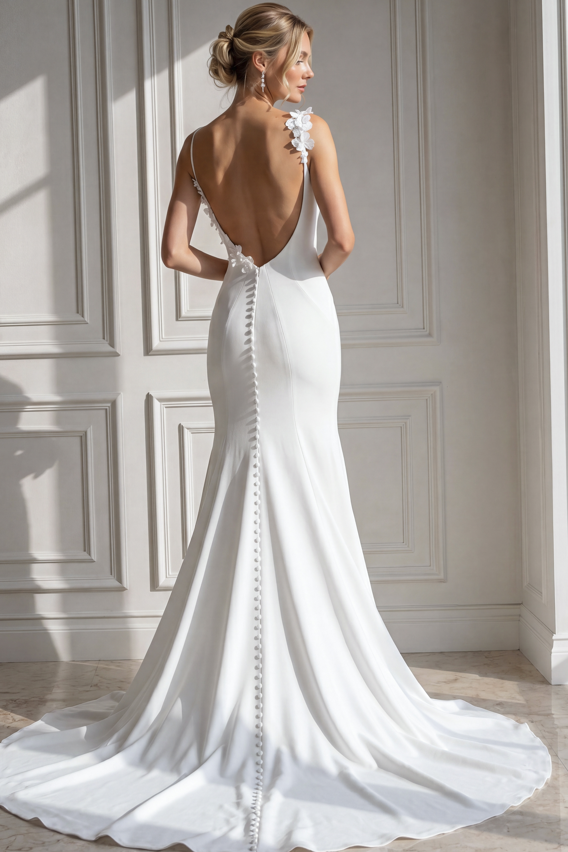 Contemporary wedding gown featuring a plunging V-neck bodice, soft floral appliqué at the shoulder, and a sleek crepe skirt that gently flares below the hips into a graceful,