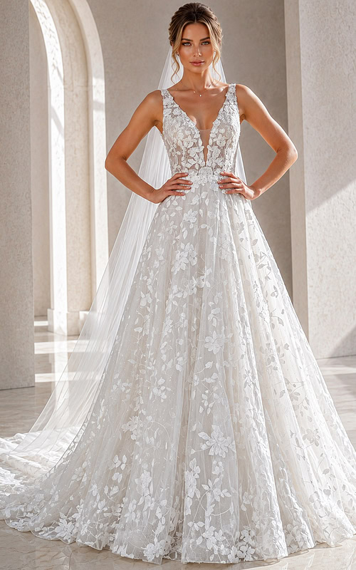 ivory 3D floral lace V neck A-line wedding dress with wide straps and tulle cape veil, front view, Jovani Bridal style JB49748
