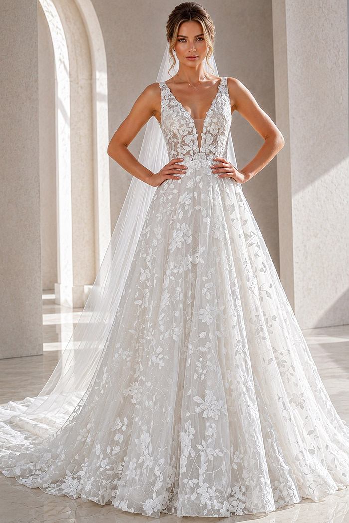 ivory 3D floral lace V neck A-line wedding dress with wide straps and tulle cape veil, front view, Jovani Bridal style JB49748