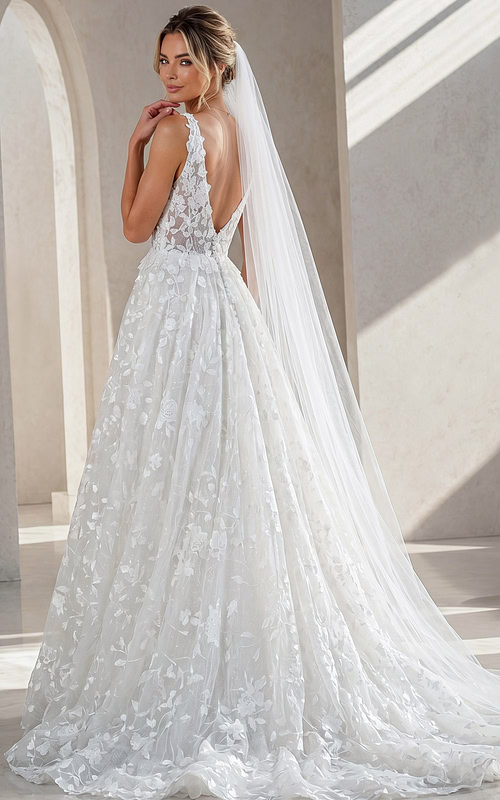ivory 3D floral lace V neck A-line wedding dress with wide straps and tulle cape veil, front view, Jovani Bridal style JB49748