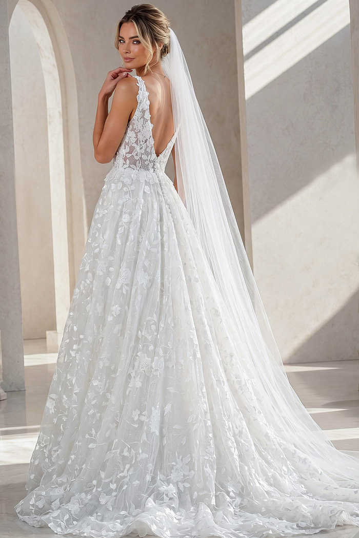 ivory 3D floral lace V neck A-line wedding dress with wide straps and tulle cape veil, front view, Jovani Bridal style JB49748