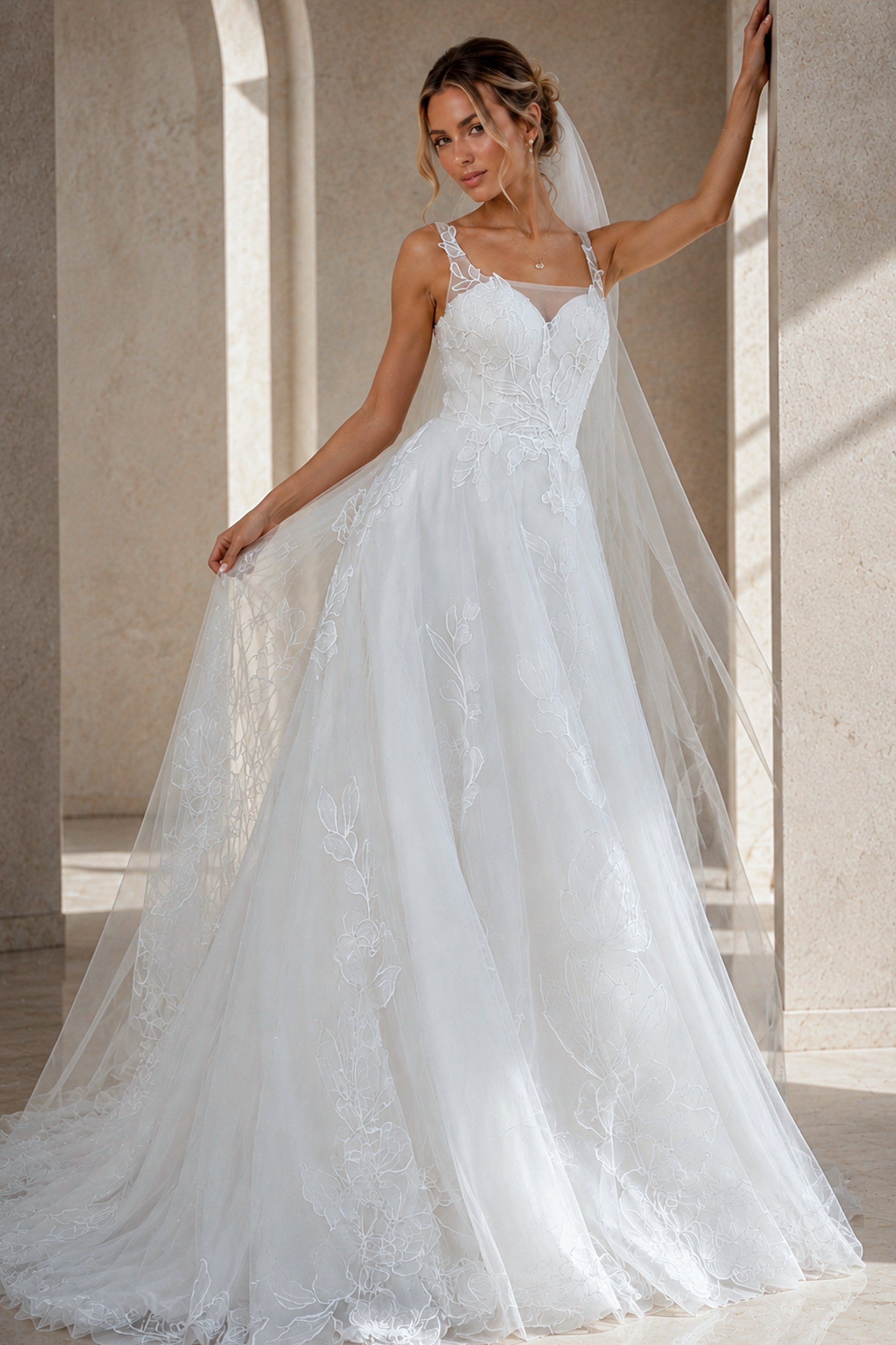 ivory floral lace A-line wedding dress with square neckline, wide straps and tulle skirt, front view, Jovani Bridal style JB49761