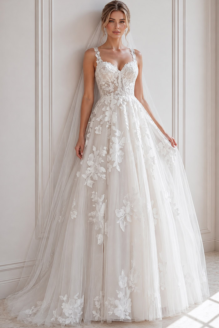 Romantic A-Line Wedding Dress with Floral Lace Appliqué and Sheer Corset Bodice