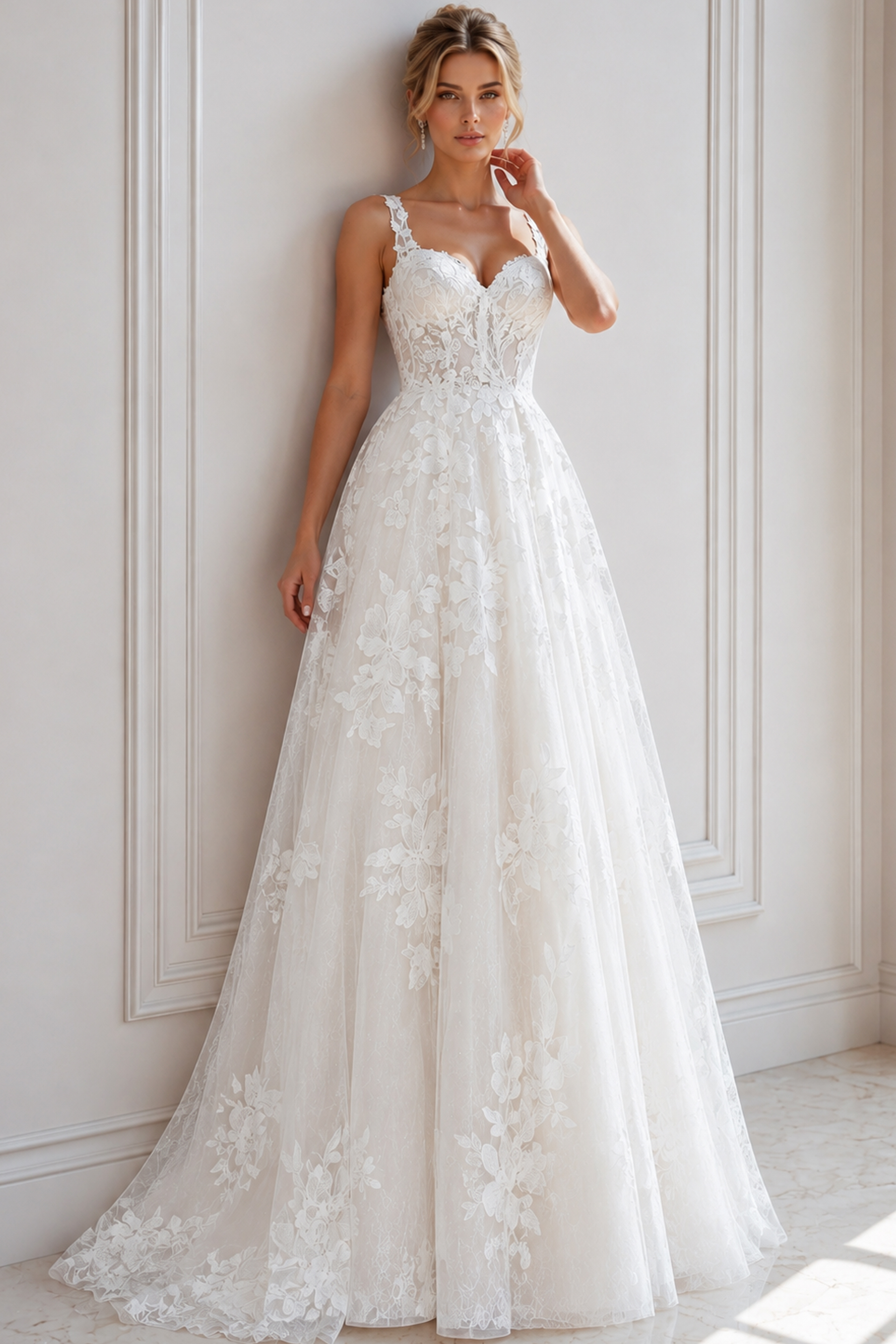 Whimsical Floral Wedding Gown with Flowing Tulle Skirt and Chapel Veil