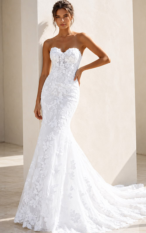 white 3D floral lace strapless fitted mermaid wedding dress with sweetheart neckline and sheer corset bodice, front view, Jovani Bridal style JB99063