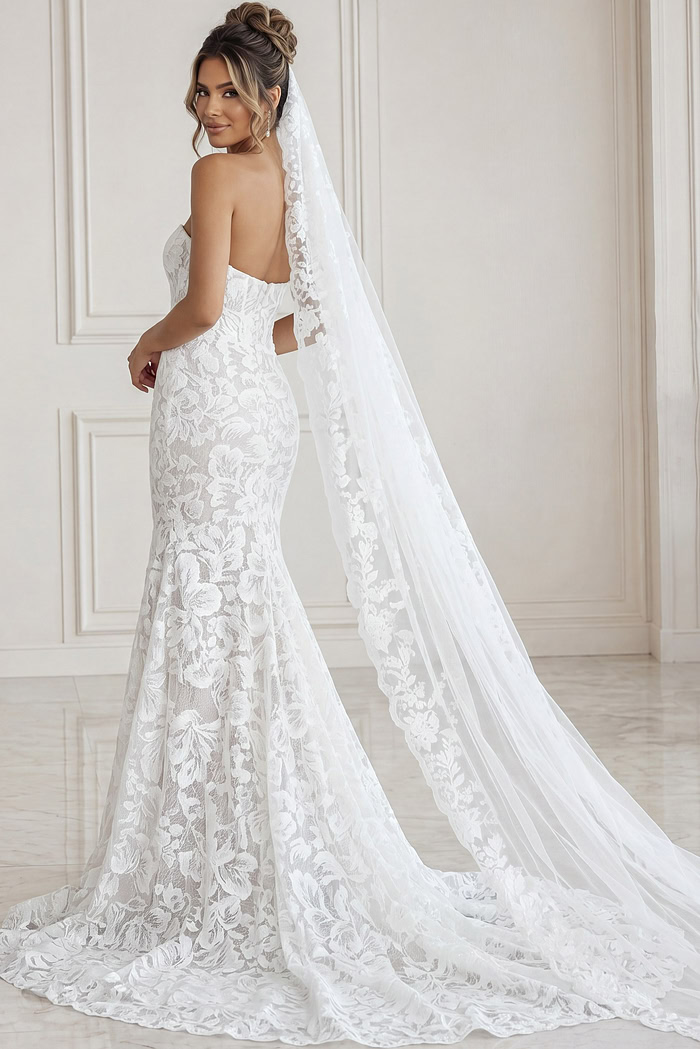 white and nude floral jacquard strapless fitted mermaid wedding dress with sweetheart neckline and sheer corset bodice, front view, Jovani Bridal style JB99067