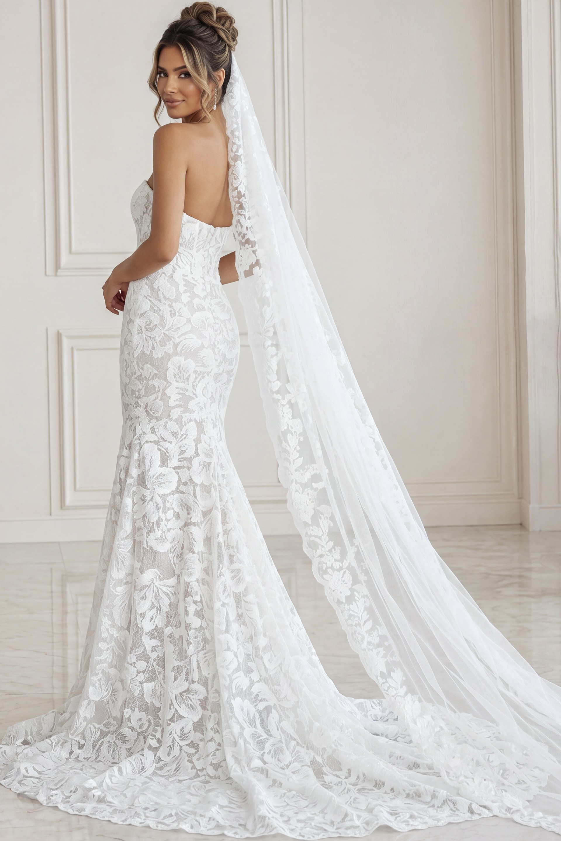 white and nude floral jacquard strapless fitted mermaid wedding dress with sweetheart neckline and sheer corset bodice, front view, Jovani Bridal style JB99067
