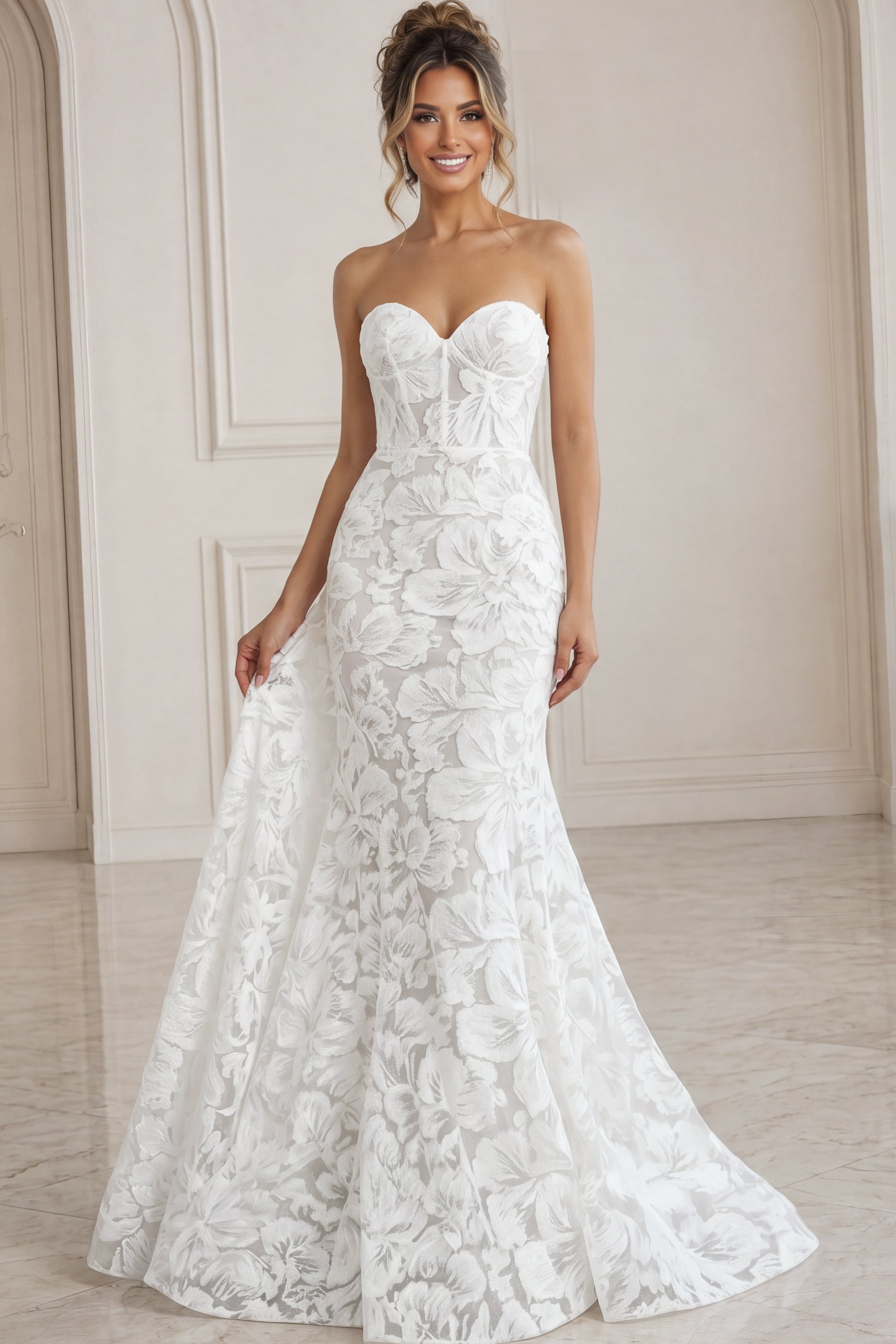 white and nude floral jacquard strapless fitted mermaid wedding dress with sweetheart neckline and sheer corset bodice, front view, Jovani Bridal style JB99067