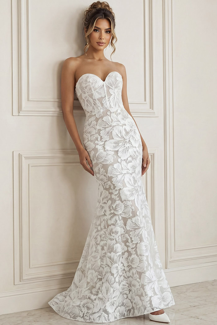white and nude floral jacquard strapless fitted mermaid wedding dress with sweetheart neckline and sheer corset bodice, front view, Jovani Bridal style JB99067