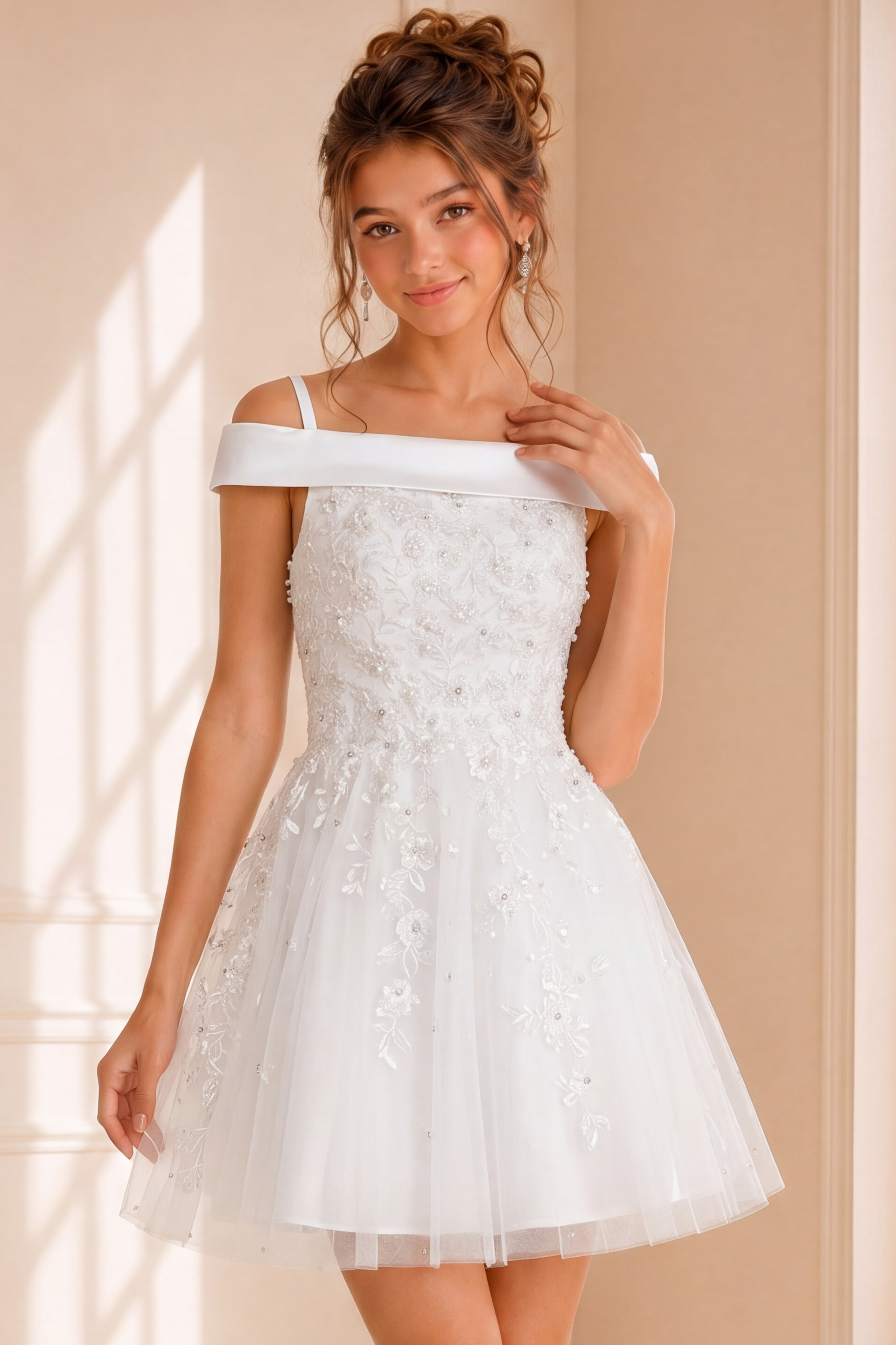beaded fit and flare short white dress K00361