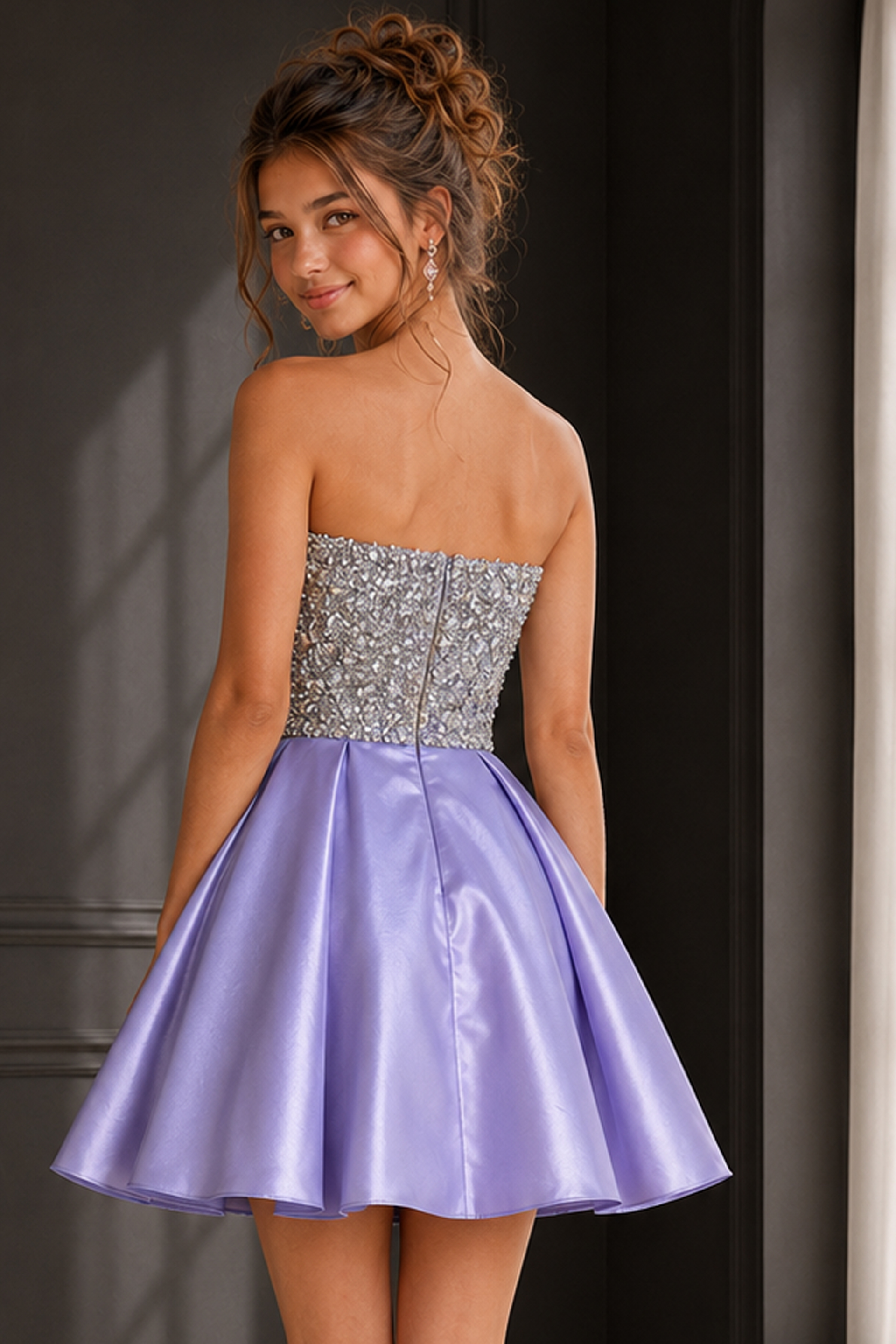 back view of lilac satin strapless dress with beaded bodice