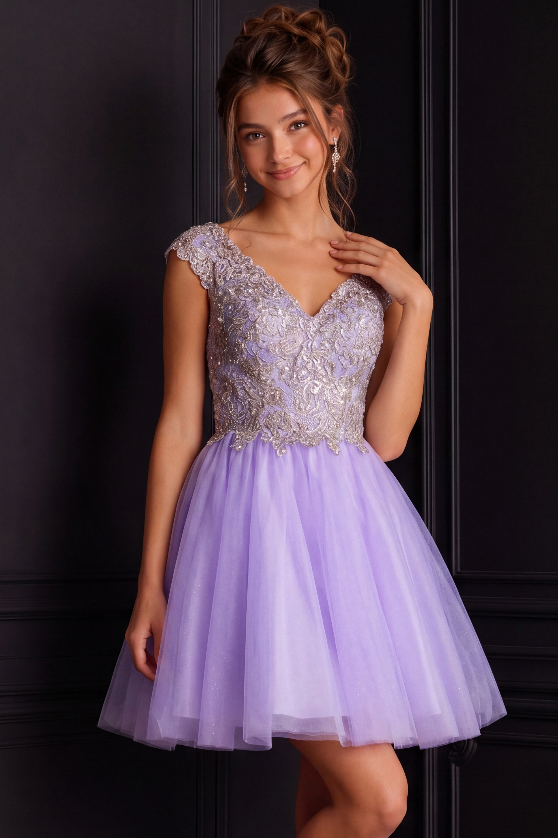 model wearing K04711 at the back view with lilac dress