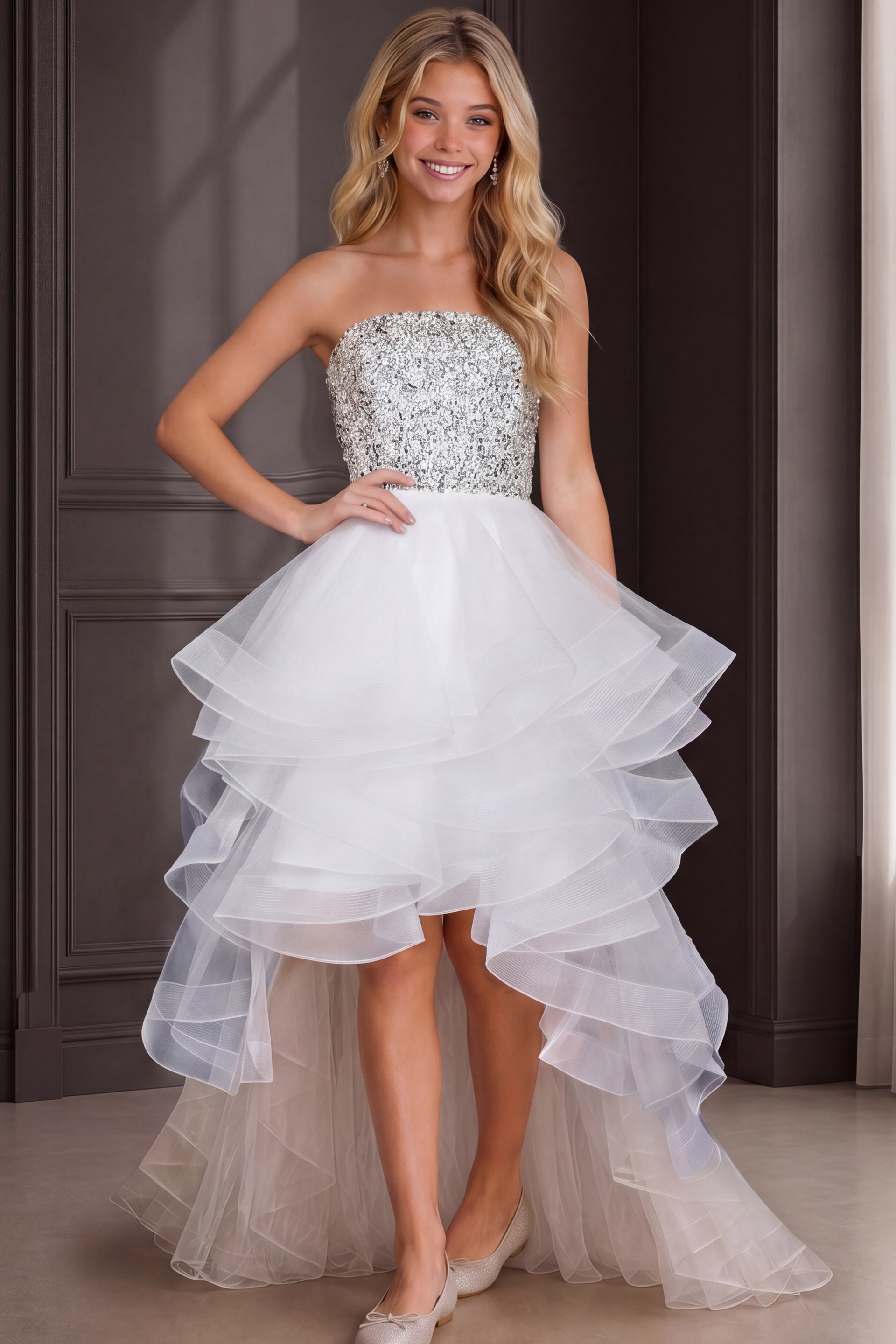 white high low dress with crystal beaded bodice and tiered tulle ruffle skirt