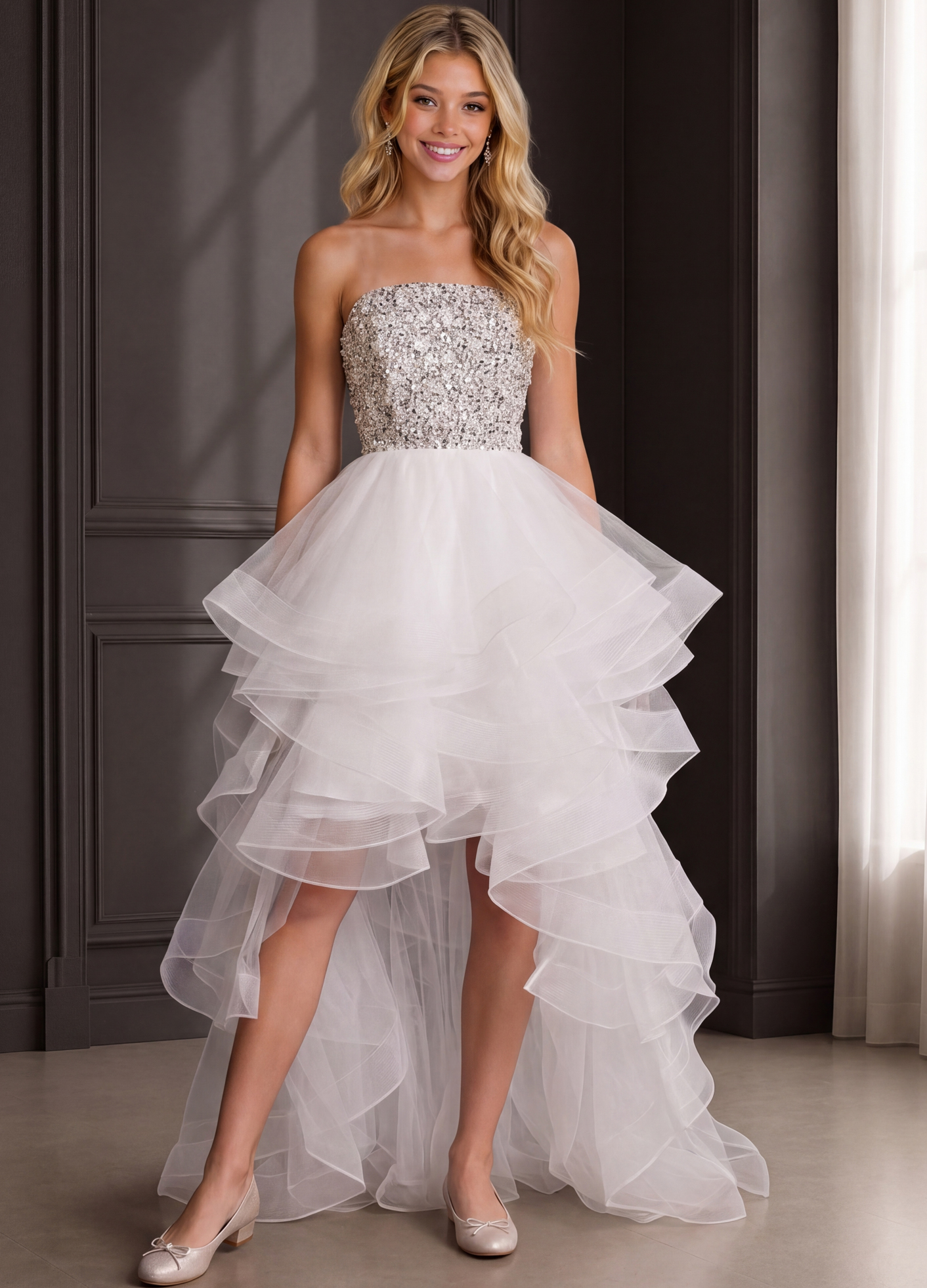 white strapless high low party dress with silver beaded bodice and layered tulle skirt
