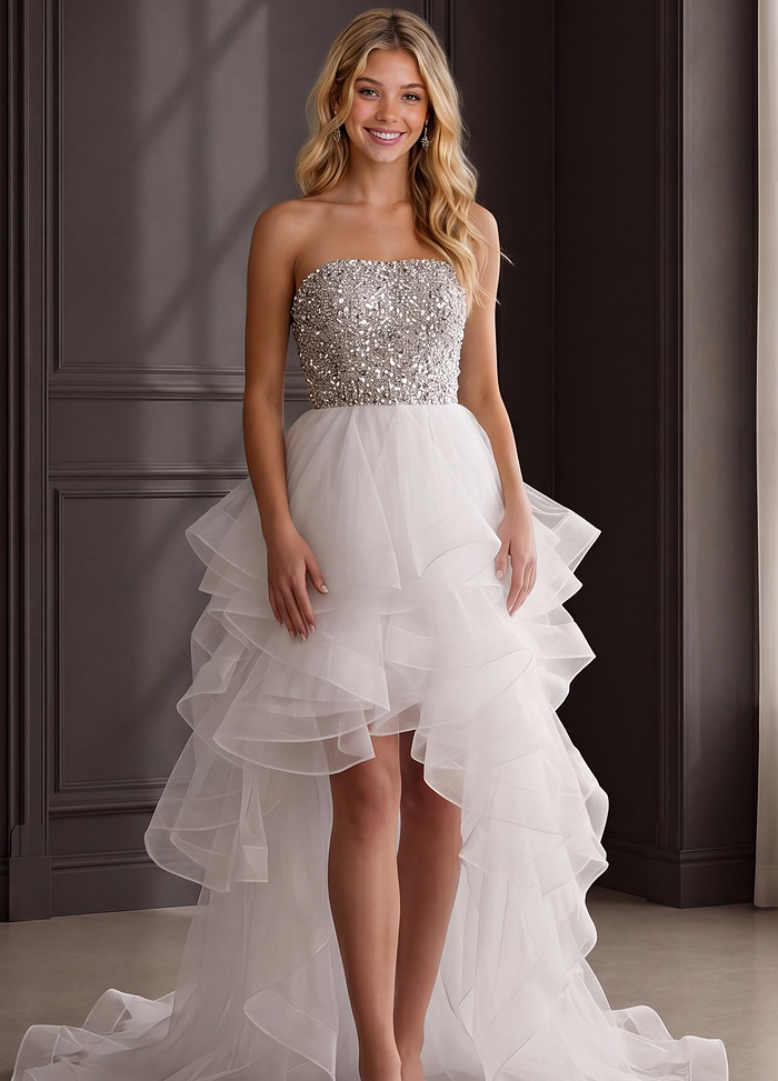 white beaded bodice high low dress with cascading tulle ruffles