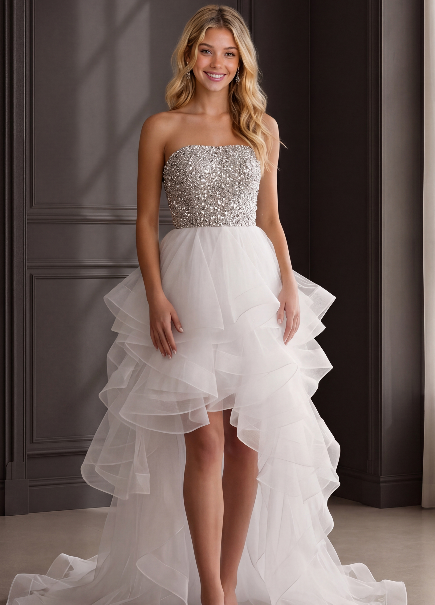 white beaded bodice high low dress with cascading tulle ruffles