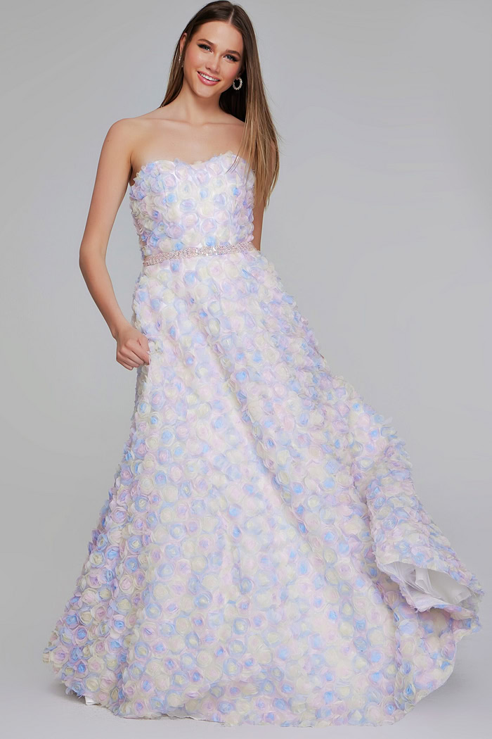 Model wearing K05939 multi-colored floor-length gown, front view