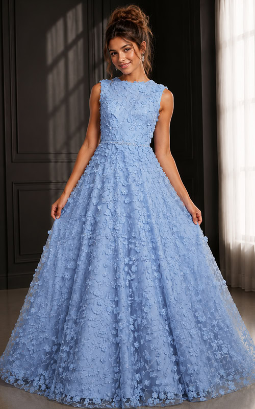 light blue floral applique a line gown with sleeveless high neck bodice