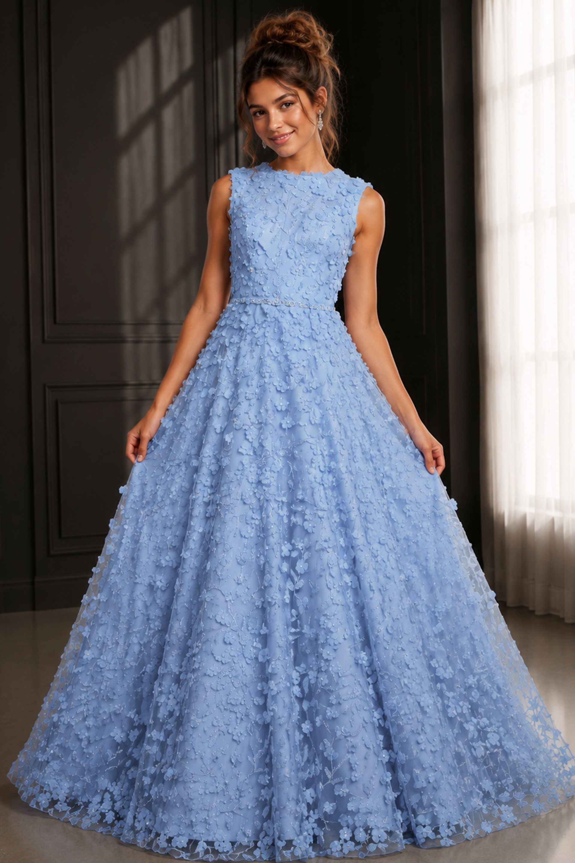 light blue floral applique a line gown with sleeveless high neck bodice