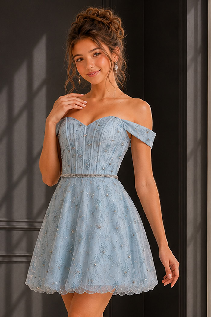 light blue off the shoulder glitter dress with scalloped hem and full skirt