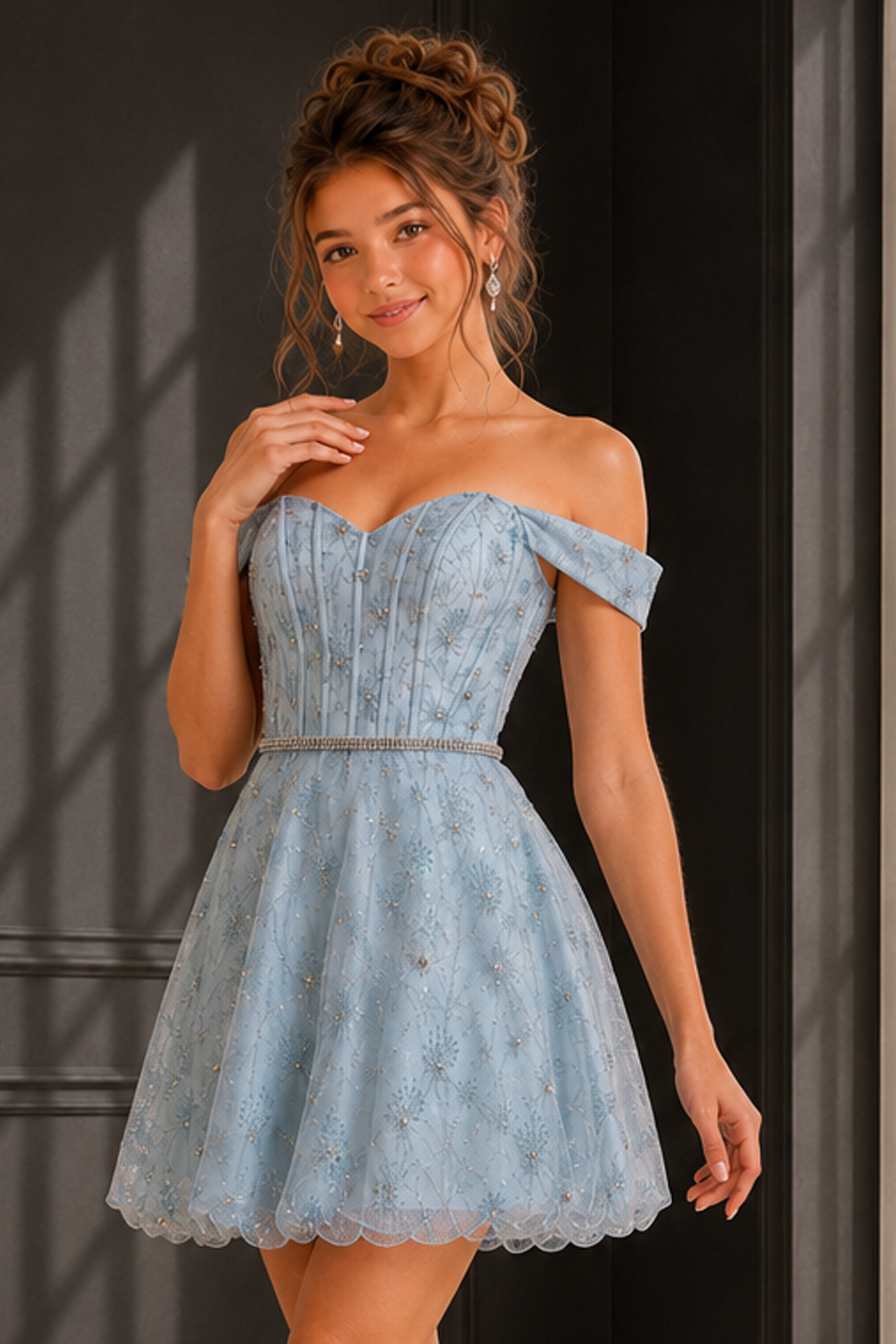 light blue off the shoulder glitter dress with scalloped hem and full skirt