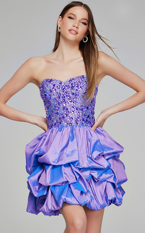 Model wearing Jovani K07390 lilac short dress with beaded sweetheart neckline and ruffled skirt, front view.