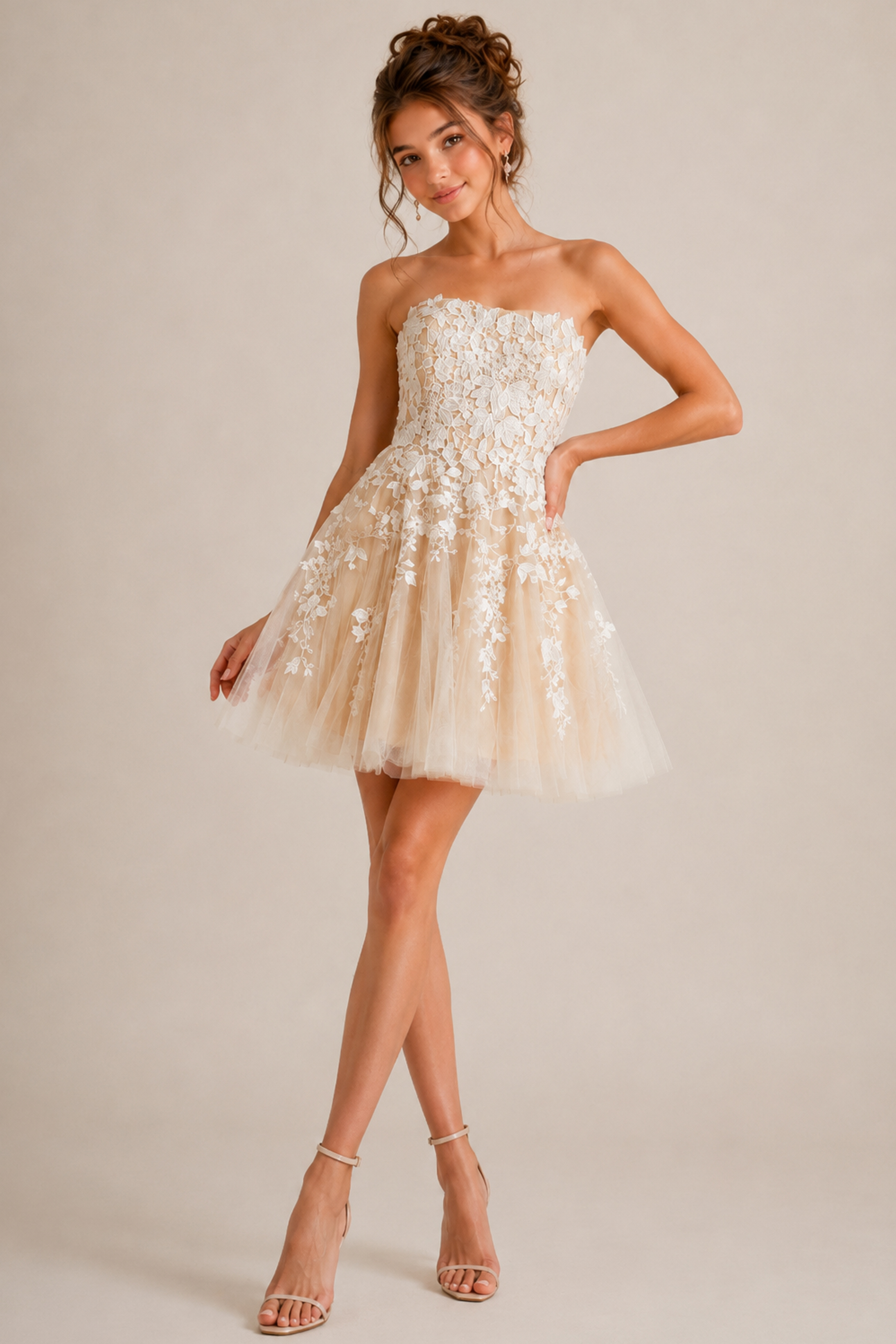 ivory floral applique strapless dress with flared tulle skirt, full length front view