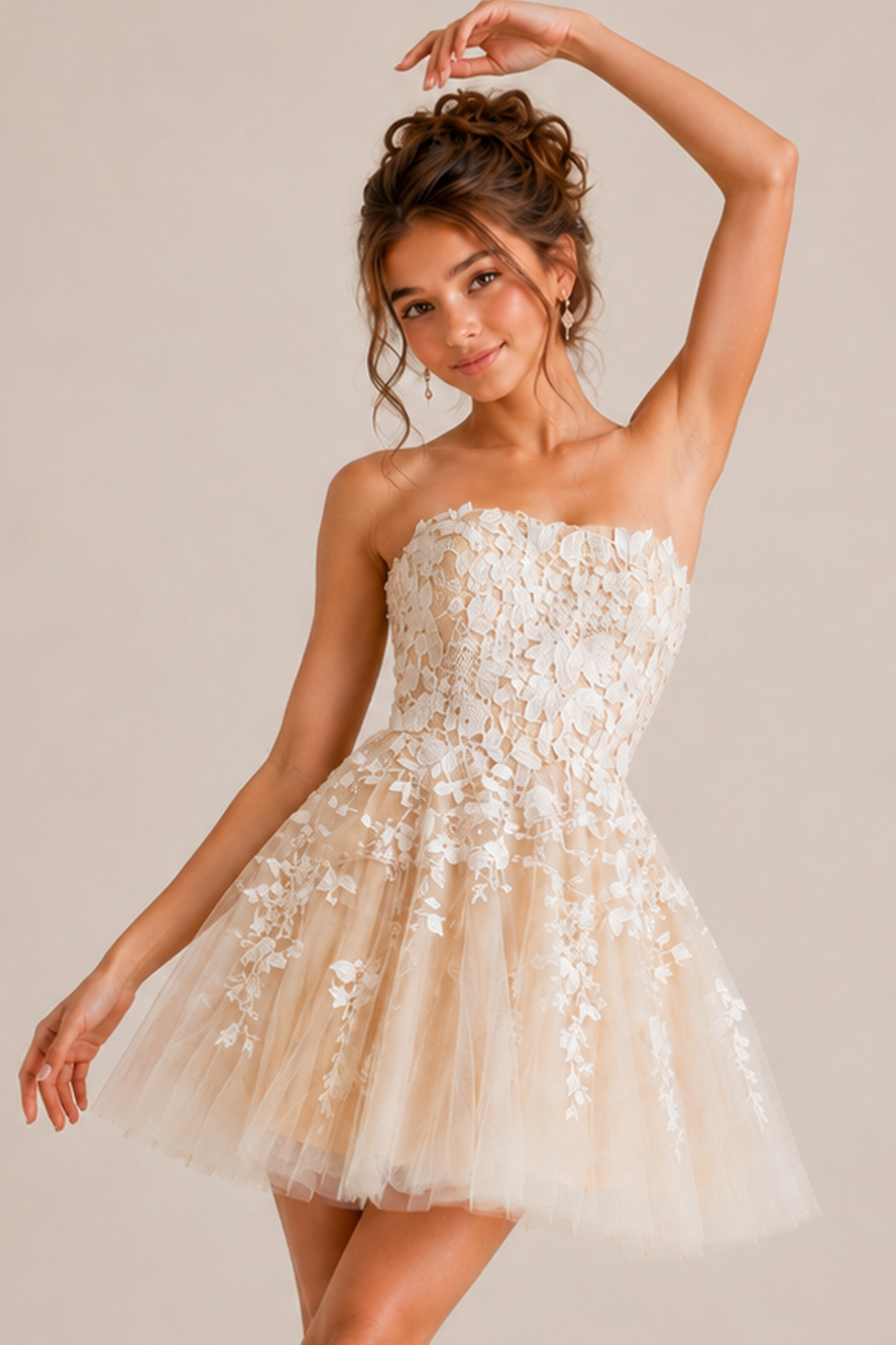 ivory crochet floral applique party dress with strapless bodice and full tulle skirt