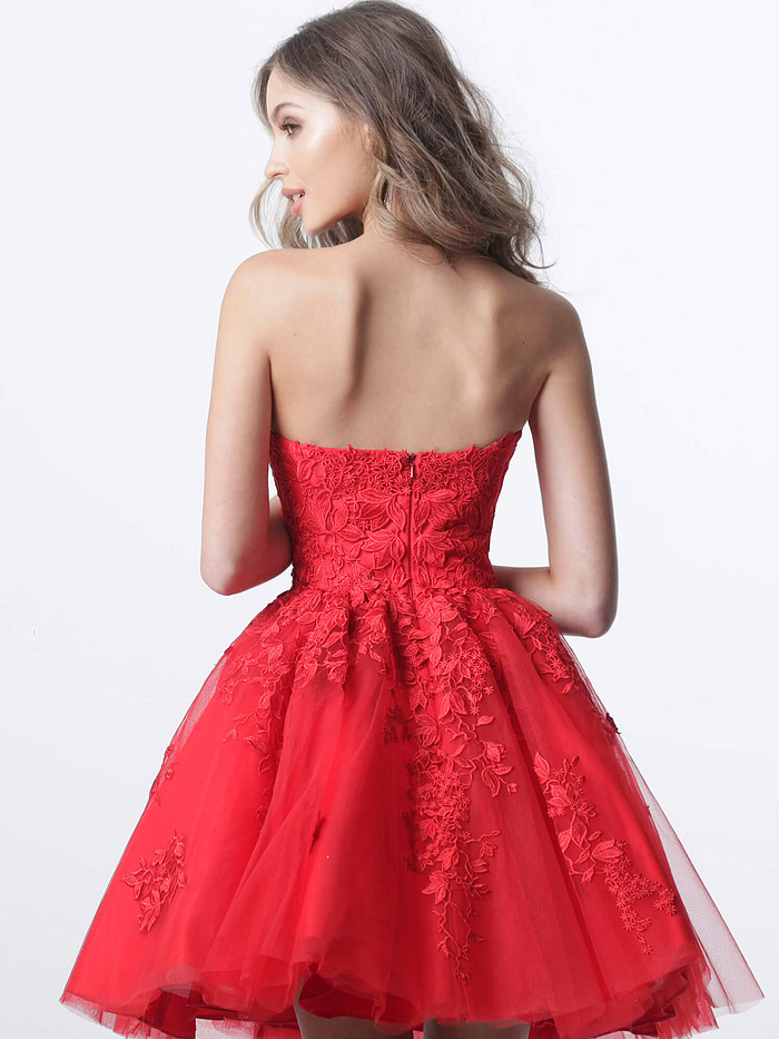model wearing K1830 red dress with floral lace design, back view