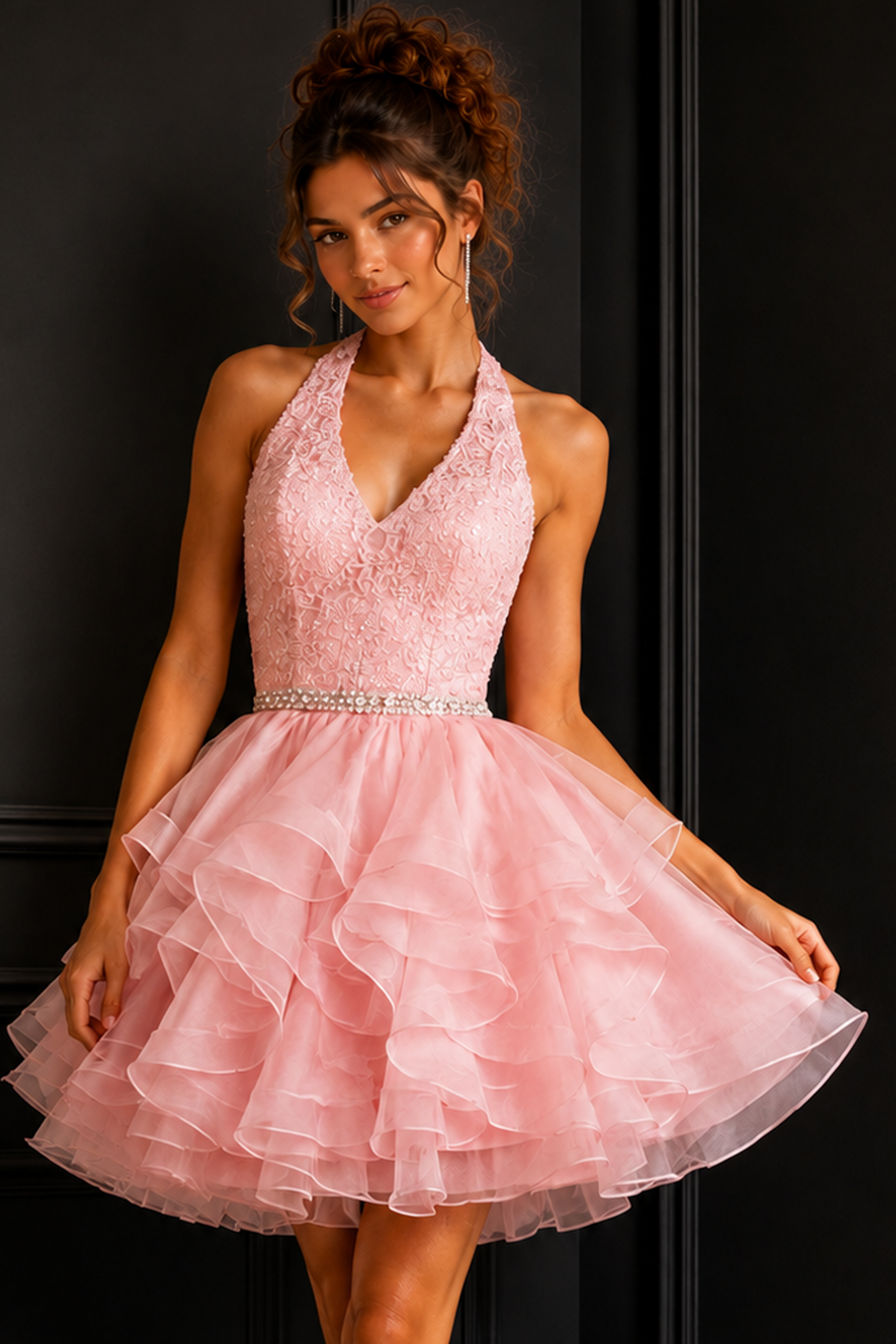 beaded v neckline pink kids dress K52182