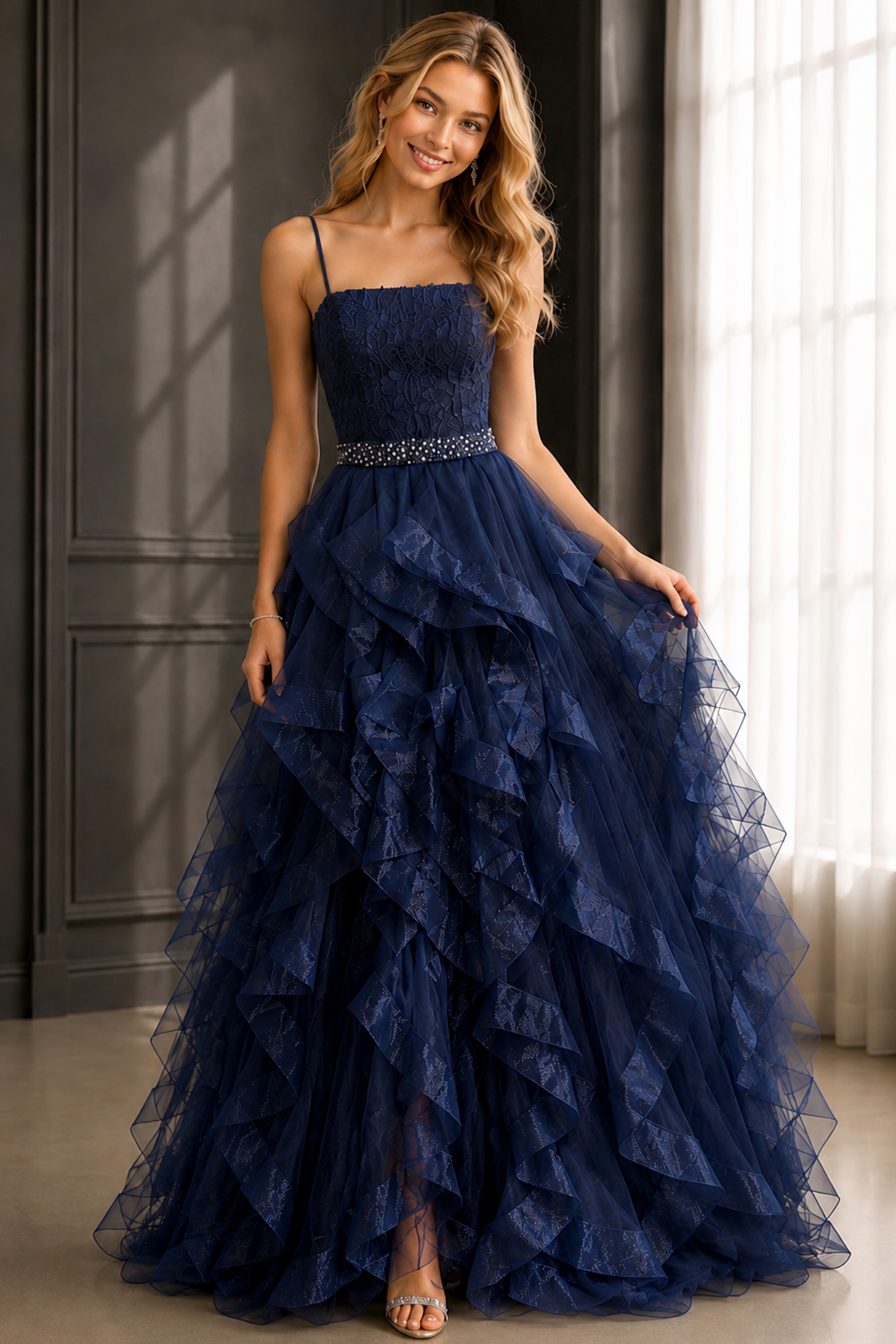 Elegant navy dress with straight neckline, layered ruffles, and sparkling belt.