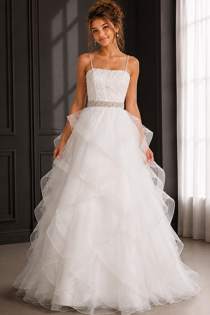 white ruffled ball gown with textured bodice, beaded belt and spaghetti straps