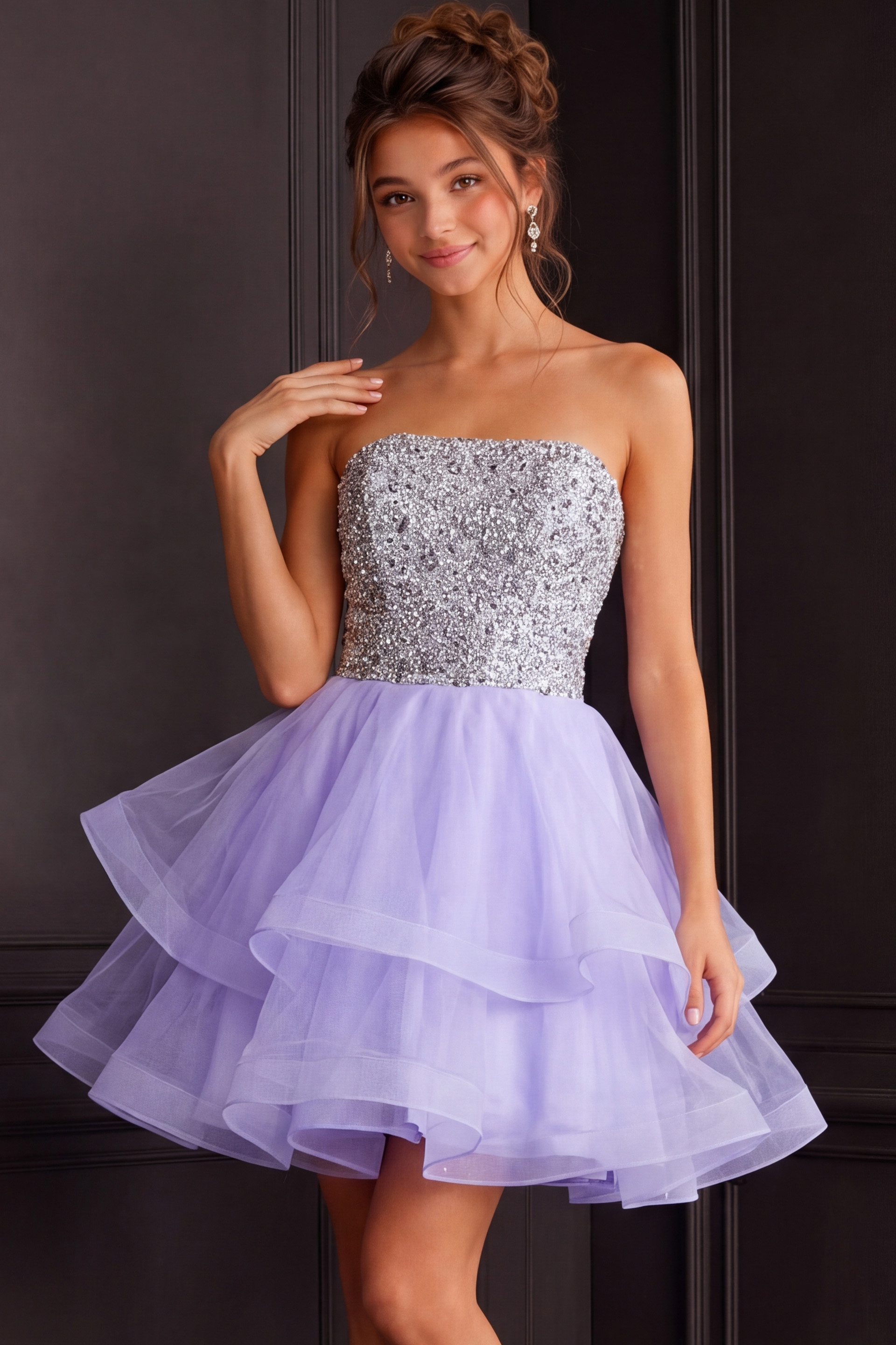model wearing Jovani K23666 lilac dress with sequin bodice and tiered skirt