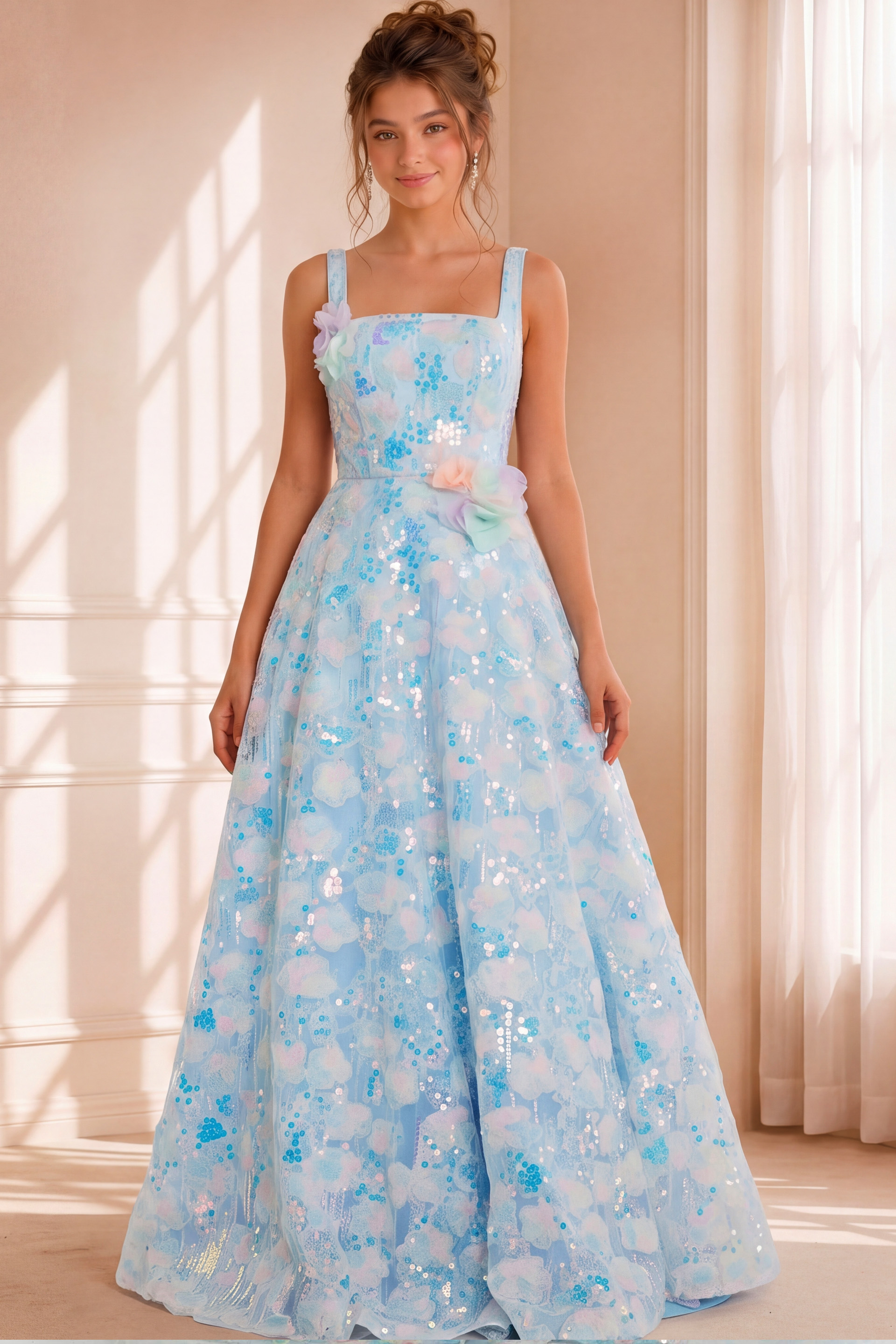 floral a line blue dress K2395
