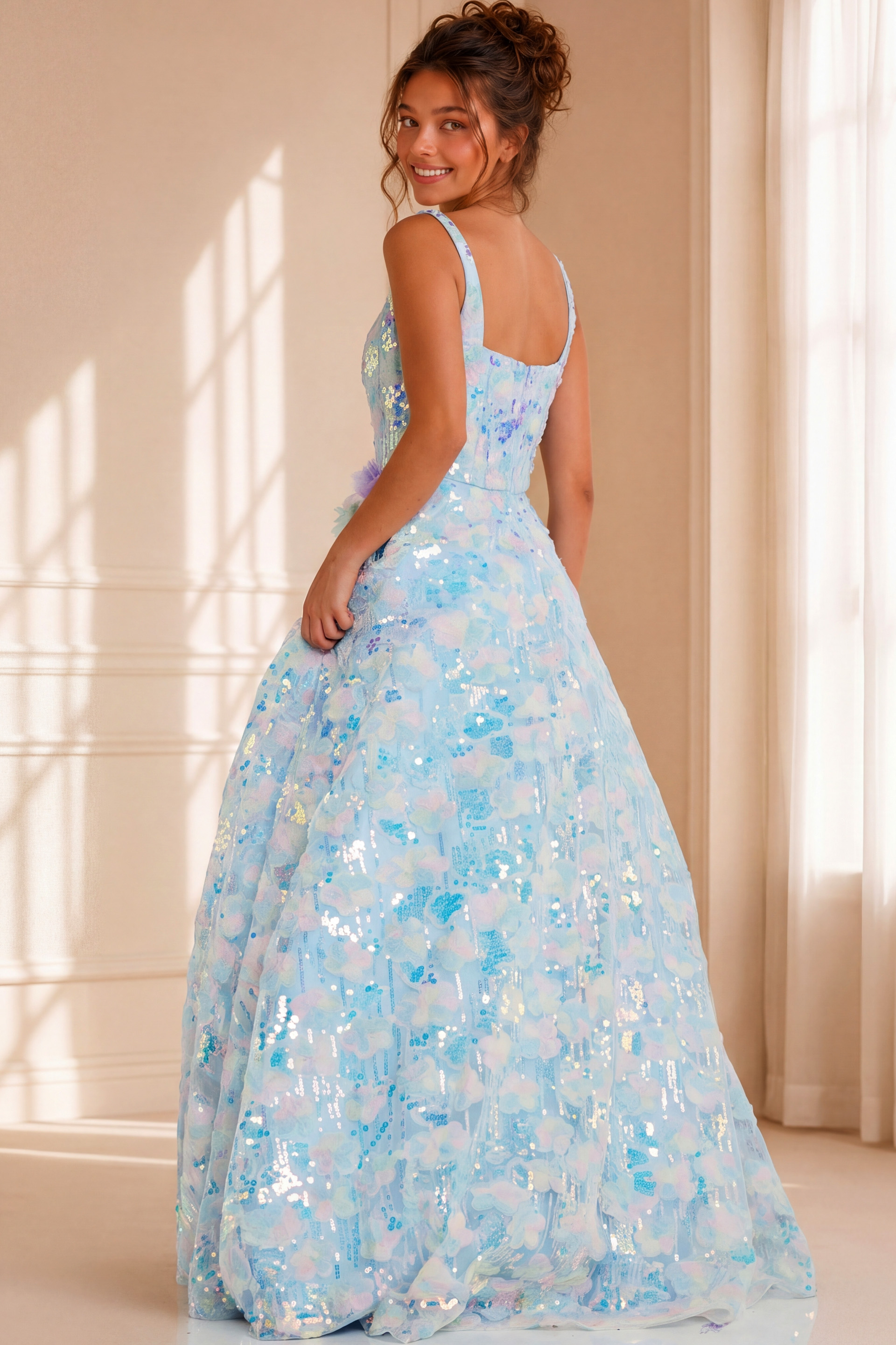 back of blue seqin ball gown K23955