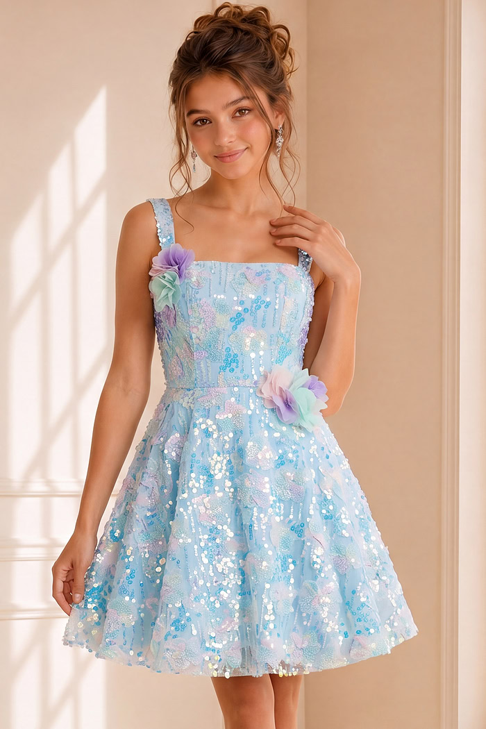 Model wearing Jovani K23956 multi-hued dress with floral accents.