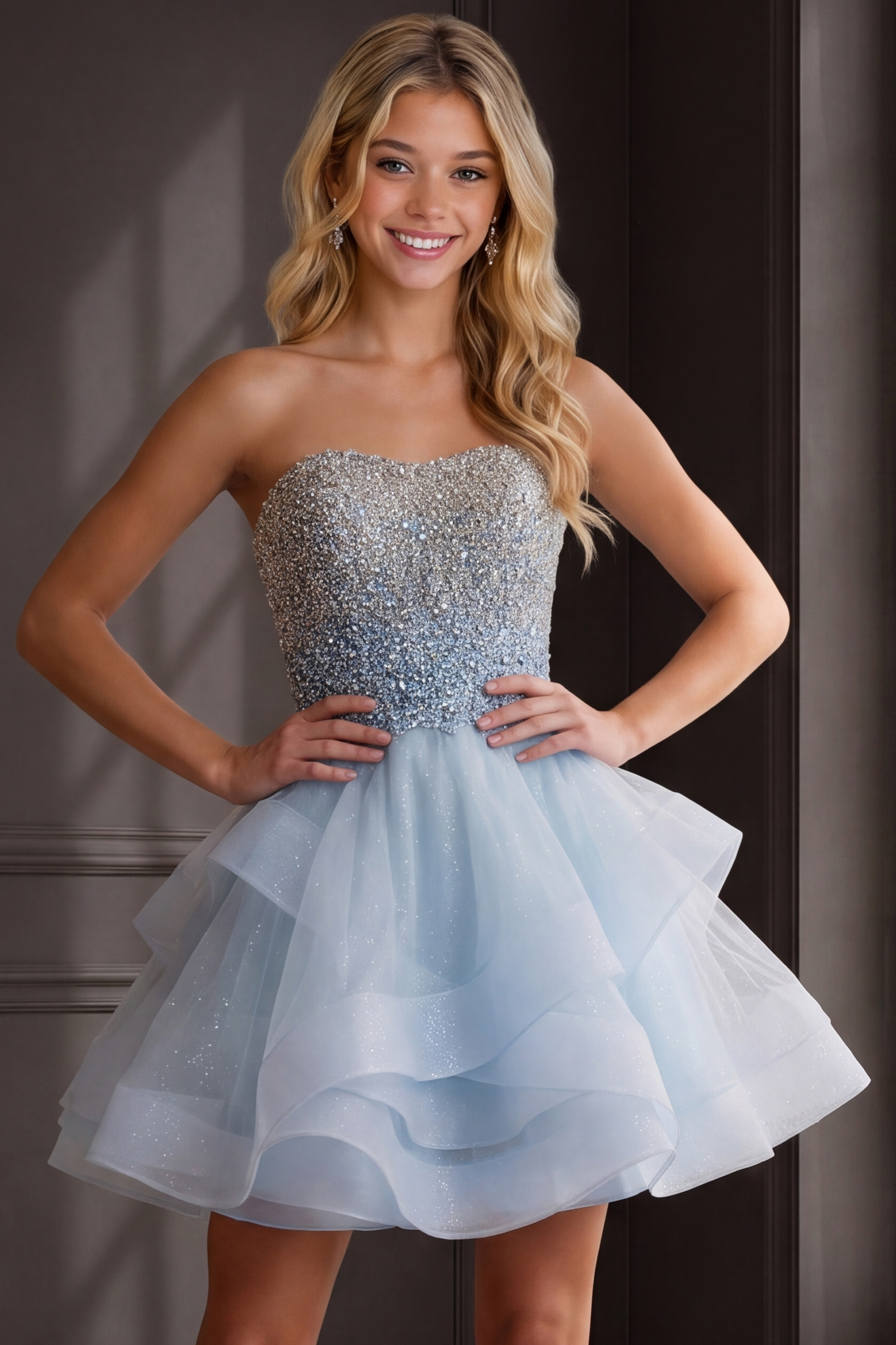 light blue fit and flare dress with crystal beaded sweetheart bodice and tiered tulle skirt