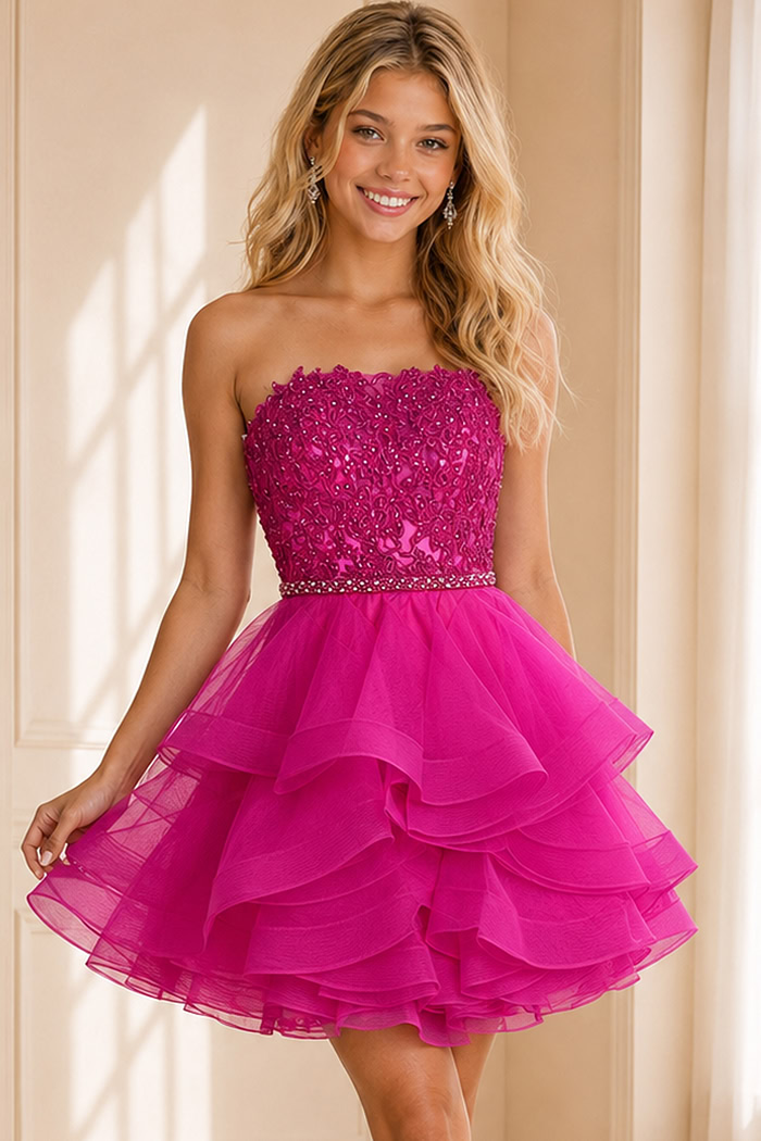 fuchsia lace bodice dress with beaded belt and tiered ruffle skirt