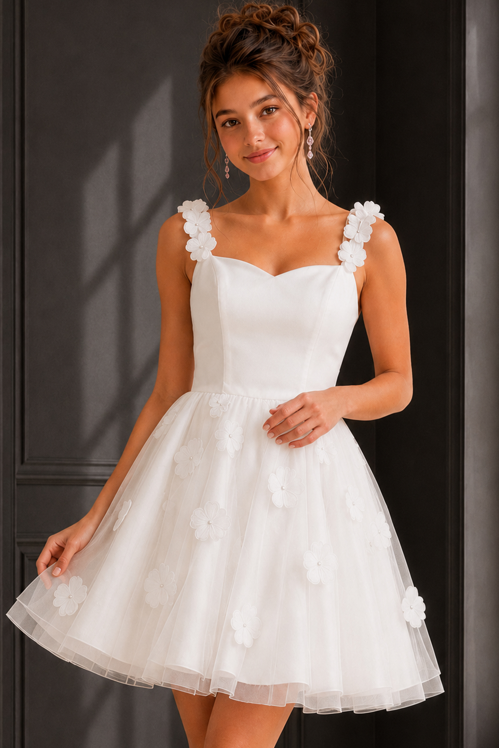 white floral applique fit and flare dress with sweetheart neckline
