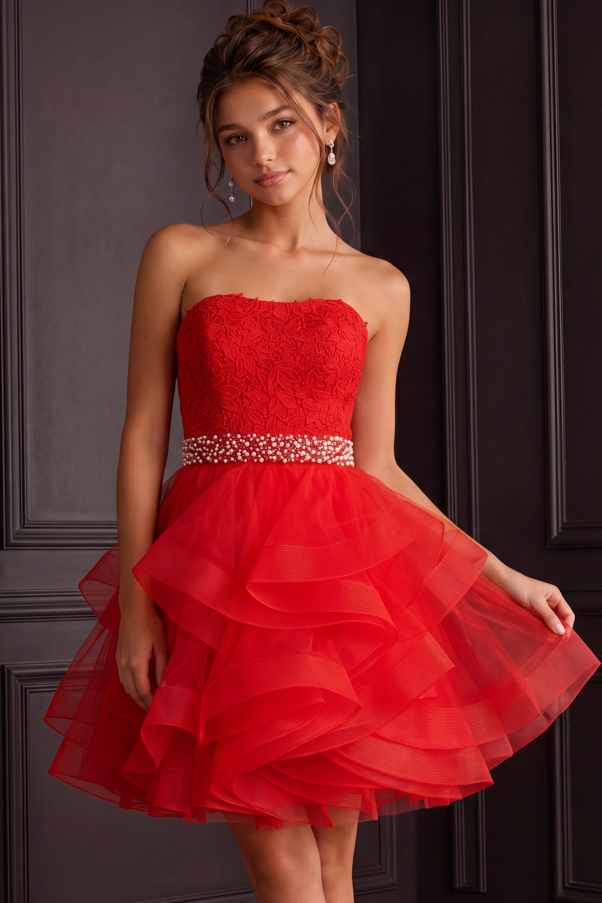 model wearing Jovani k3099 red dress with lace bodice and beaded belt back view