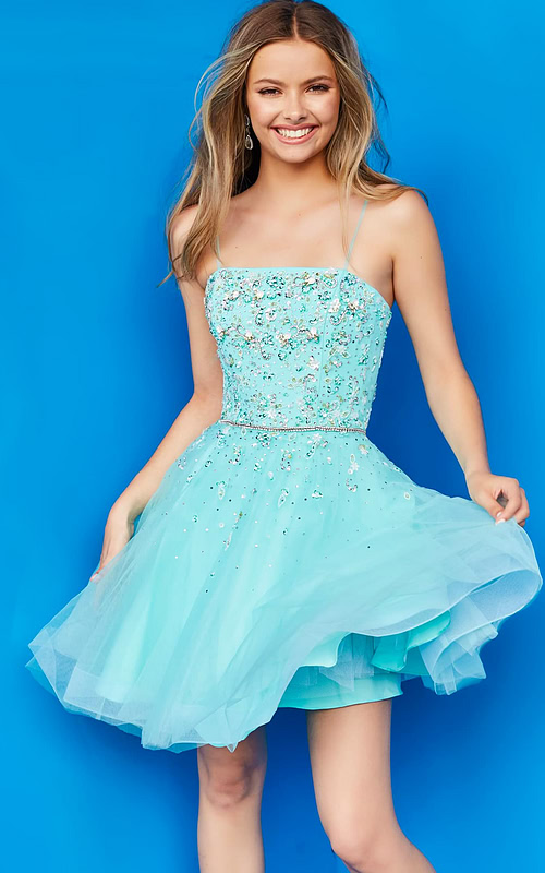 Model wearing Jovani K3641 blue dress with a square neckline and embellished bodice, front view