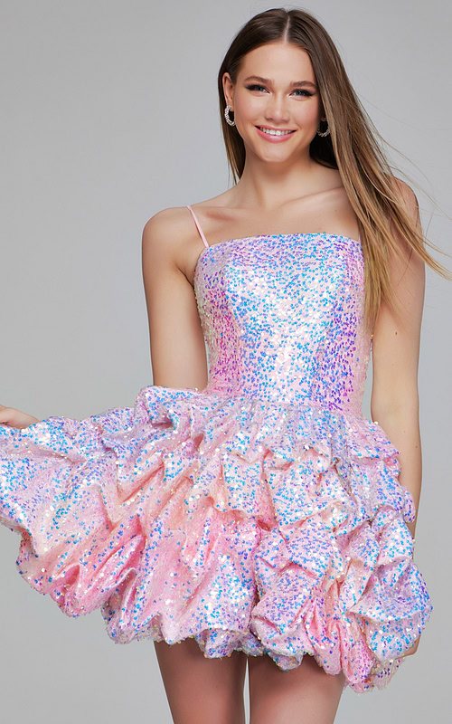 Model wearing K38108 dazzling pink mini dress with sequined bodice and ruffled skirt.